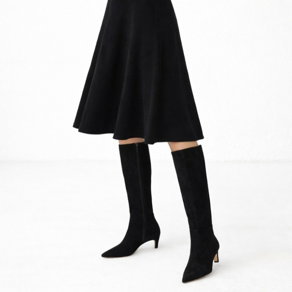 Antonio Melani Wide Calf Knee High Boots 7 Black Suede Kitten Heels New $180
